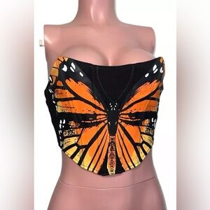 Black Butterfly Corset Crop Top New Zip Back Sweetheart Cosplay Festival Fairy